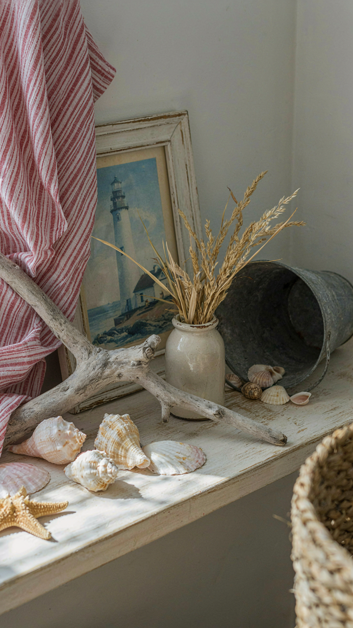 A cluttered shelf with many Cape Cod decor items creating visual noise.