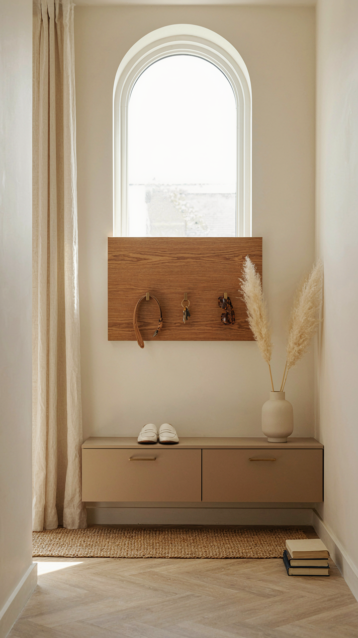 An organized entryway with designated spots for keys, mail, and shoes.