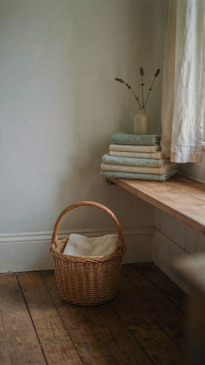 A small, labeled laundry basket sits on the floor of a cottage guest bedroom.