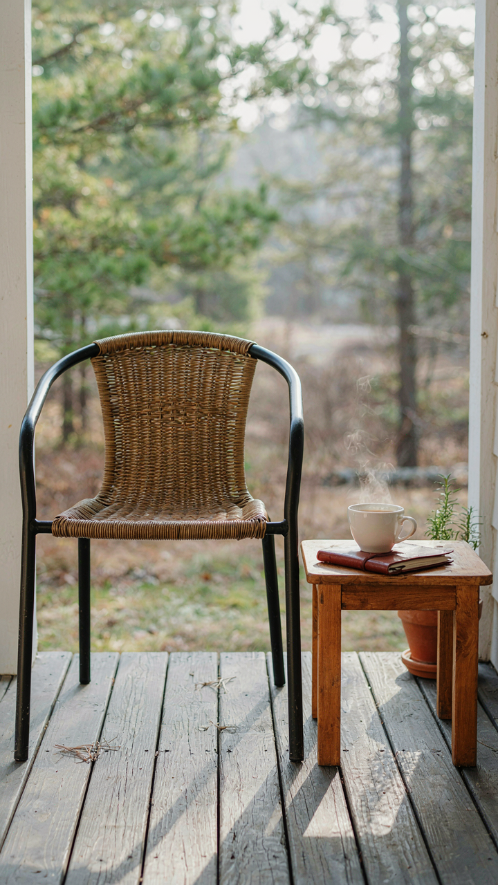 One metal chair and a small table with a coffee cup and journal on a porch.