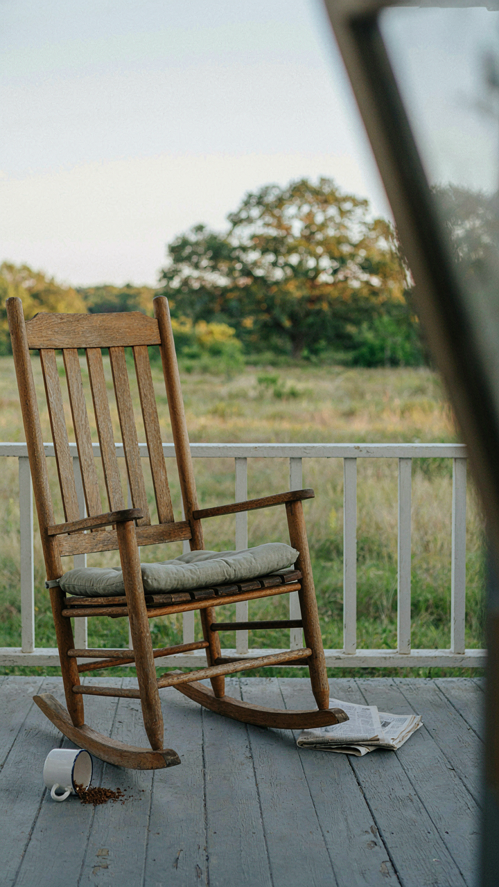 An empty wooden rocking chair on a quiet, uncluttered country porch.