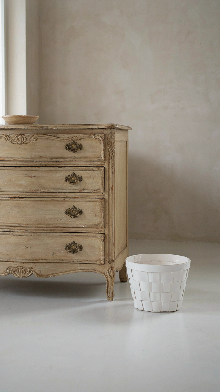 An old French country dresser next to a new, mass-produced decorative basket.