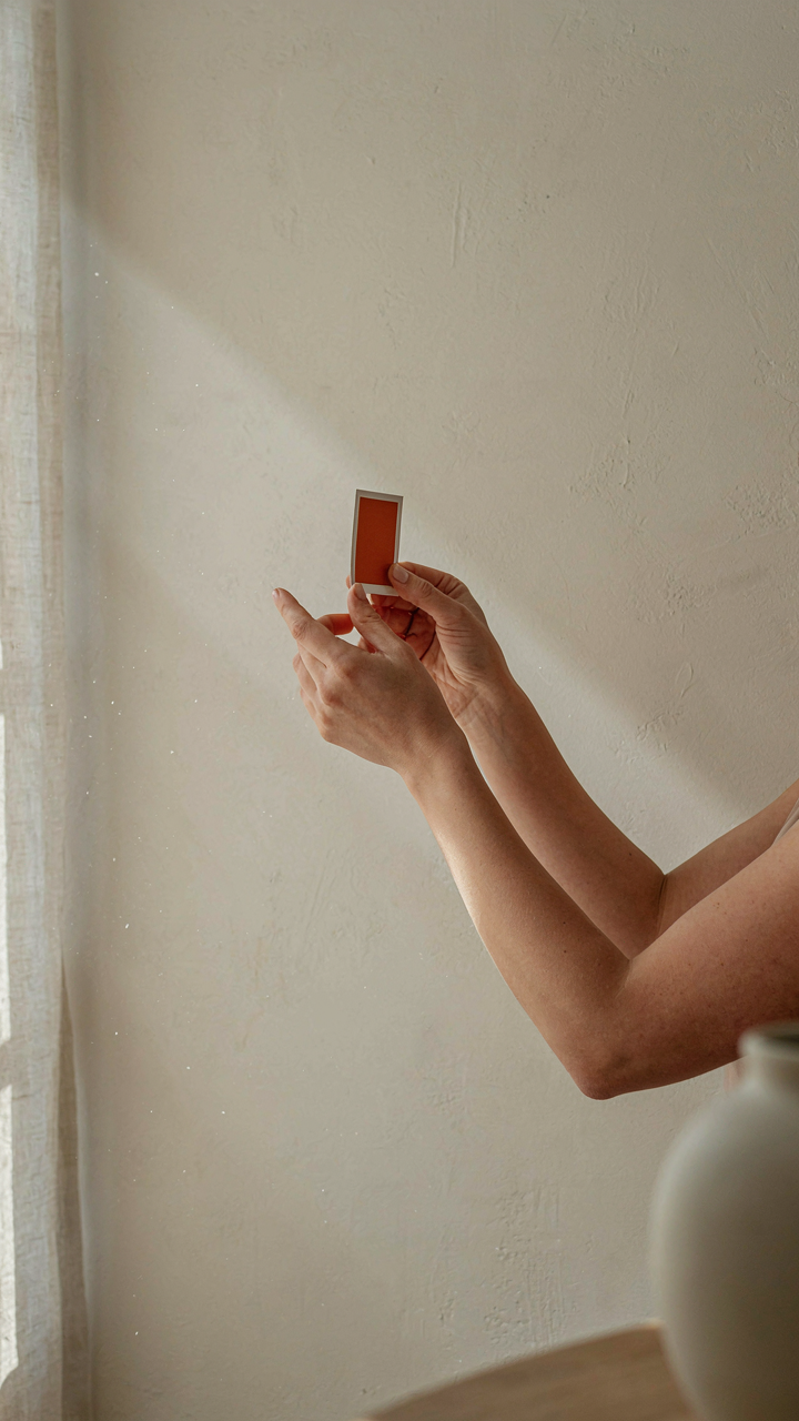 A hand holds a paint swatch against a cream wall, light changes from morning to afternoon.