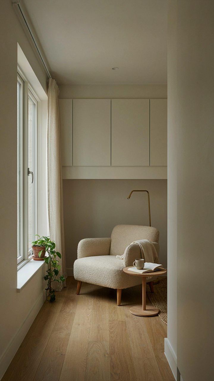 A minimalist compact adu cottage interior with a sleek murphy bed folded away.
