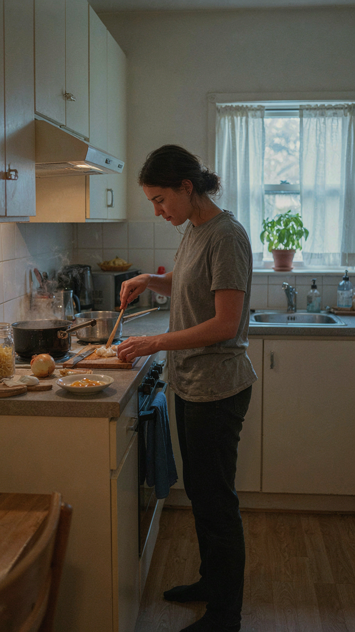 A person cooks in a compact, efficient kitchen with only necessary items visible.