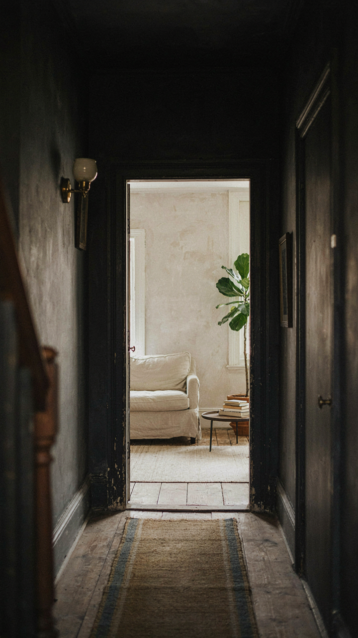 A dark, narrow cottage hallway entrance leading to a bright, open room.