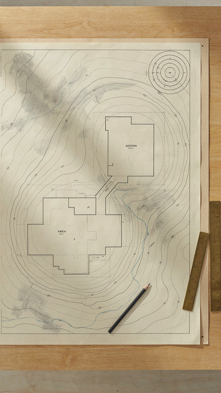 A property map shows water and sun patterns around a ranch house addition.
