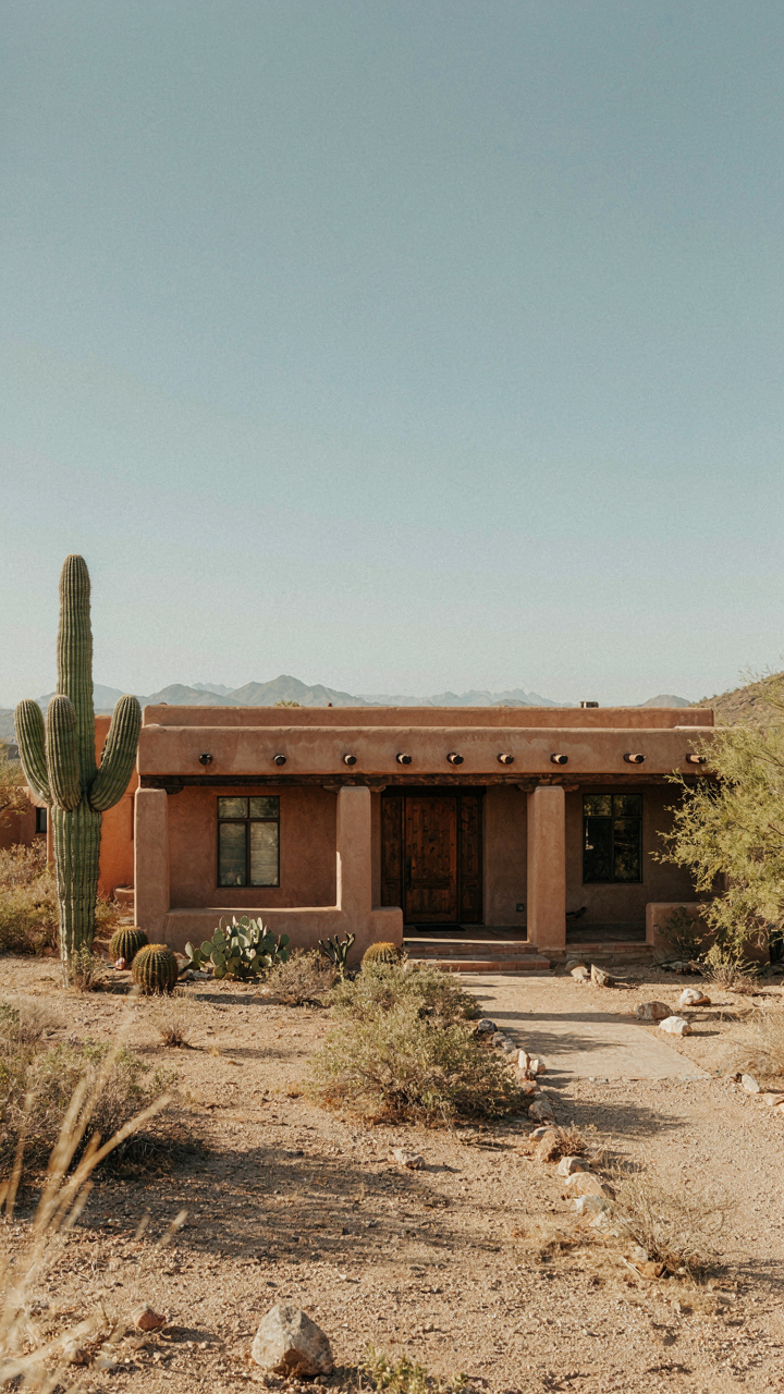 An adobe tan ranch house exterior blends with its natural desert landscape.