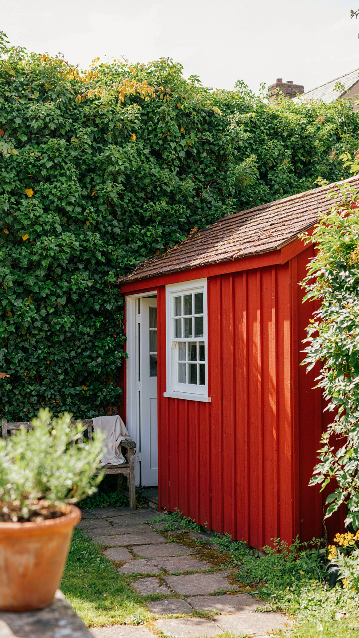 A bright red she shed against a green ivy wall, showing she shed paint colors.
