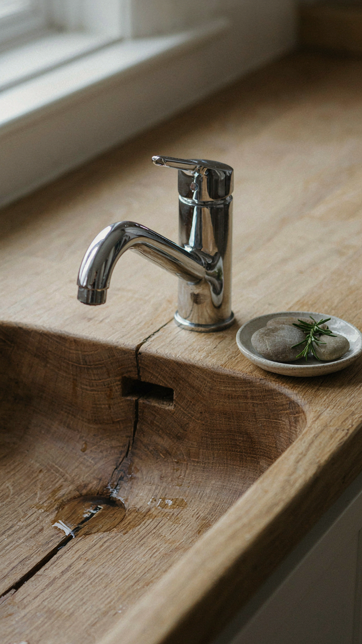 A polished faucet is set into a rough timber sink, contrasting textures in a cabin bathroom.