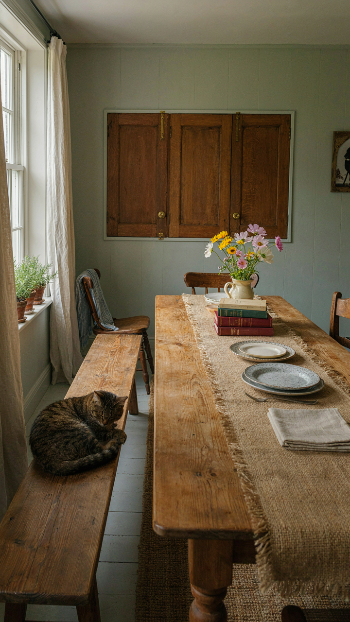 A secluded farmhouse dining room with closed doors, creating an intimate space.