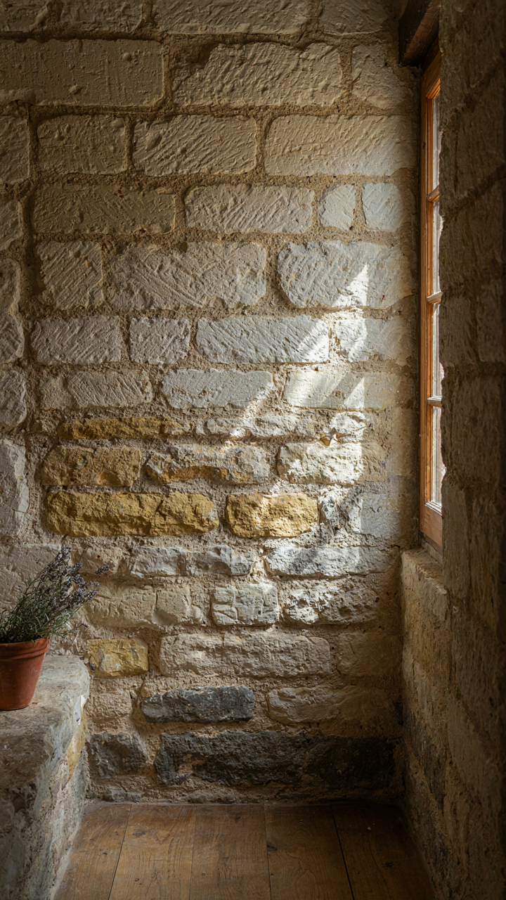 A thick, sturdy stone wall built from different regional stones in a French country cottage.