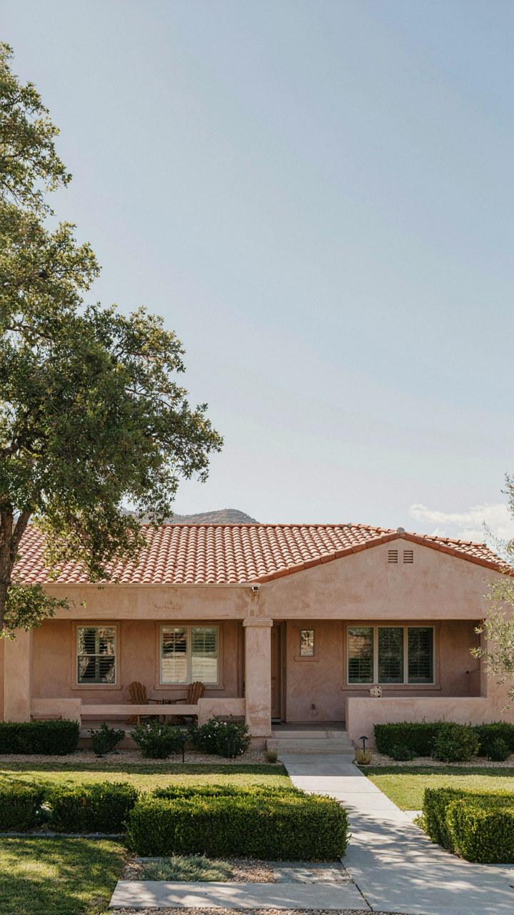 A soft clay ranch house exterior hides dust well, showing its longevity.
