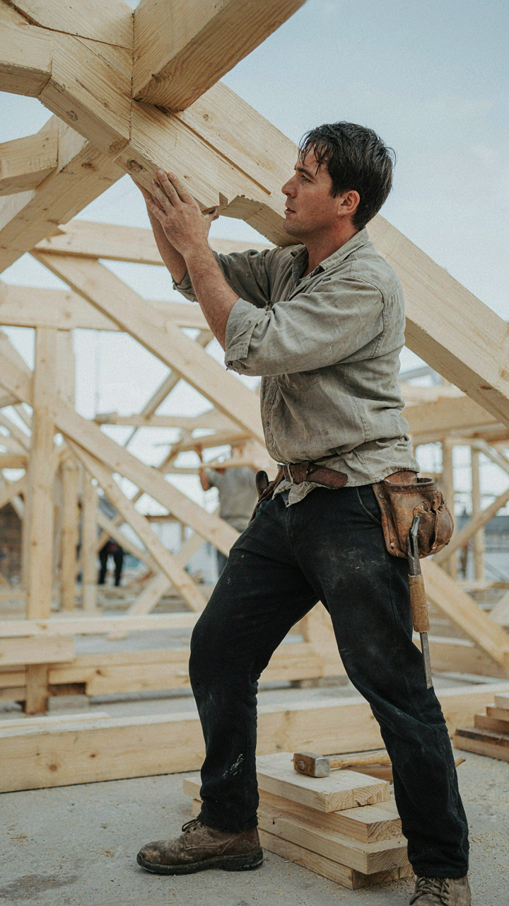 A carpenter precisely fitting a complex wooden joint for a roof eave.