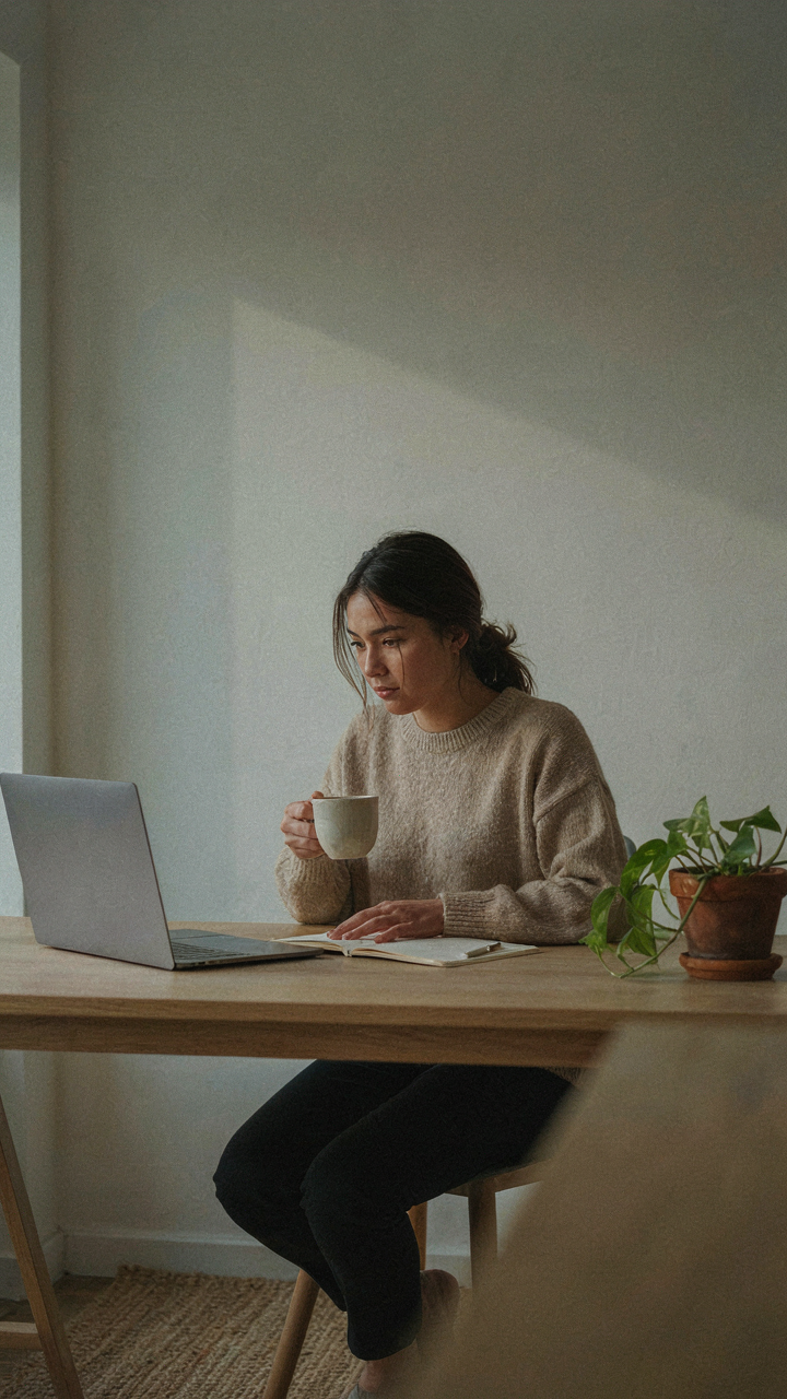 A person focused at a minimalist desk with a laptop and notebook.