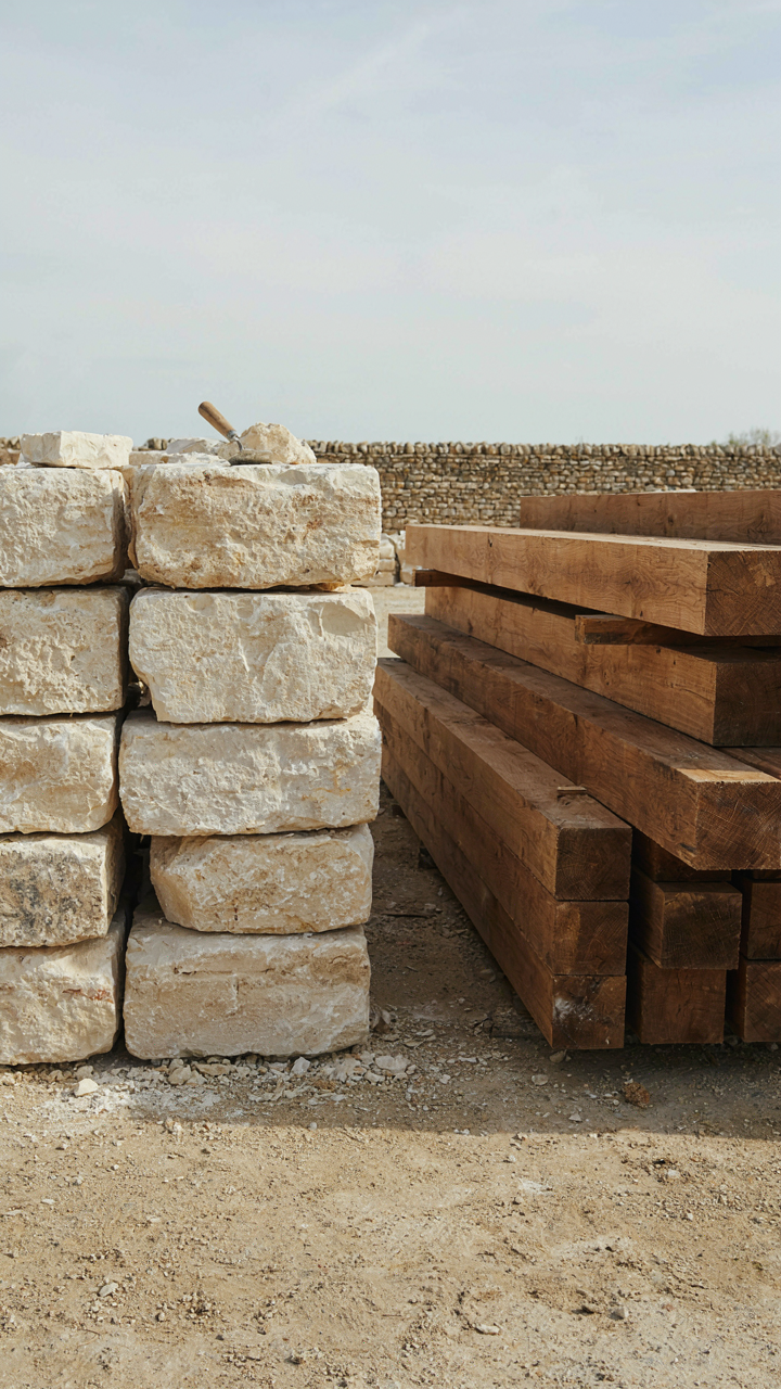 Stack of rough-cut oolitic limestone blocks next to dark oak timber beams.