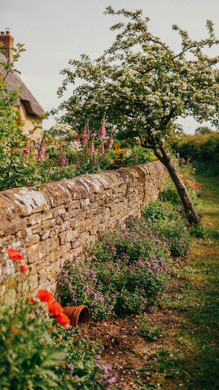 Wild Cotswold cottage garden overflowing with native plants over a stone wall.