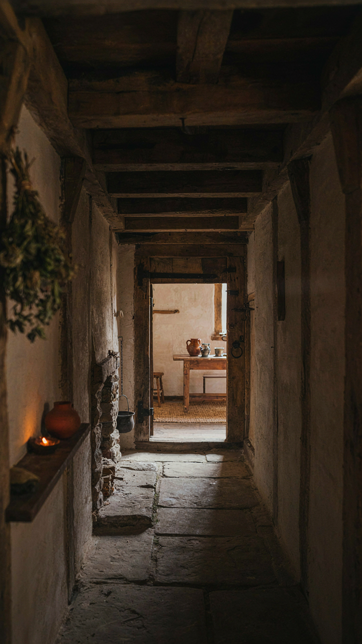 A narrow entryway in a thatched roof cottage.