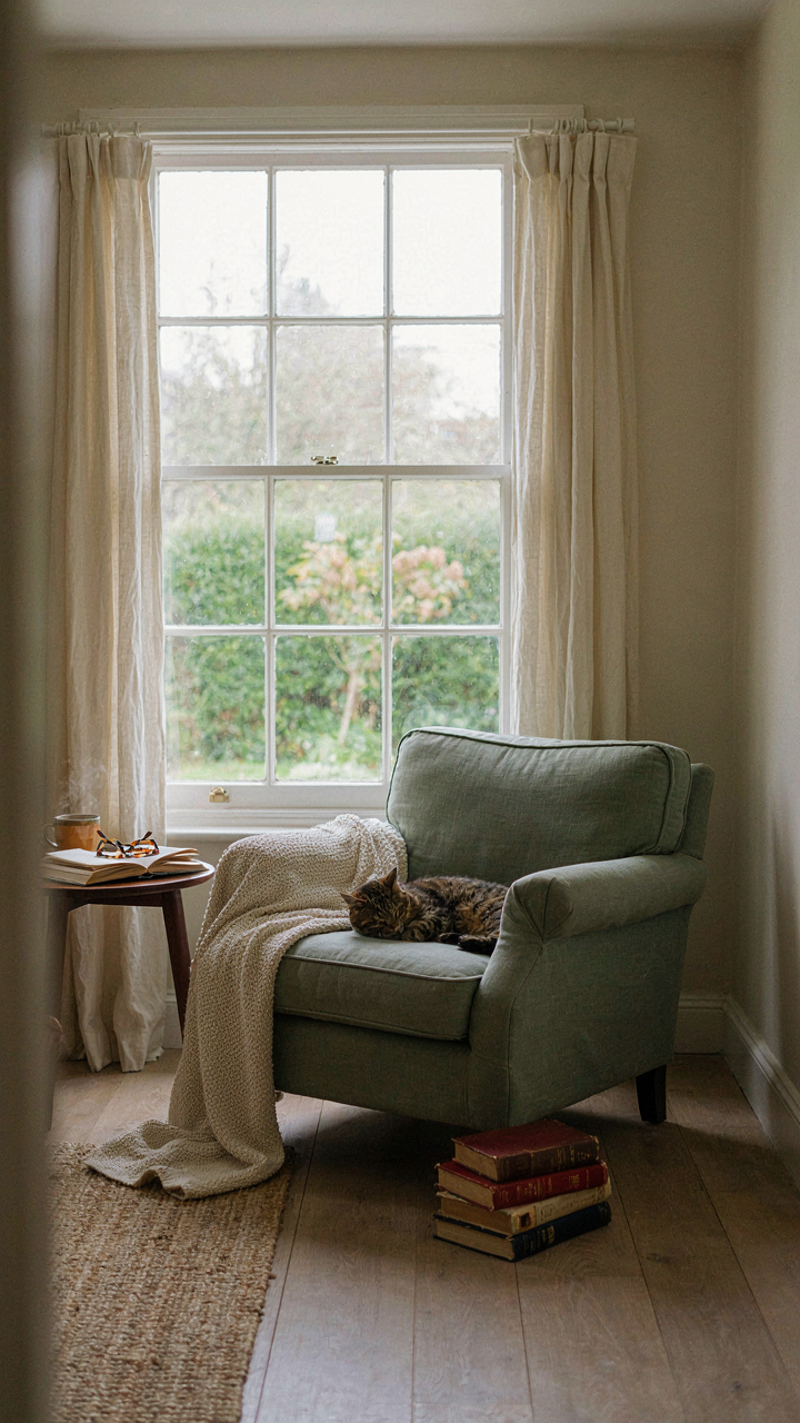 A cozy reading nook by a window with a chair and small table.