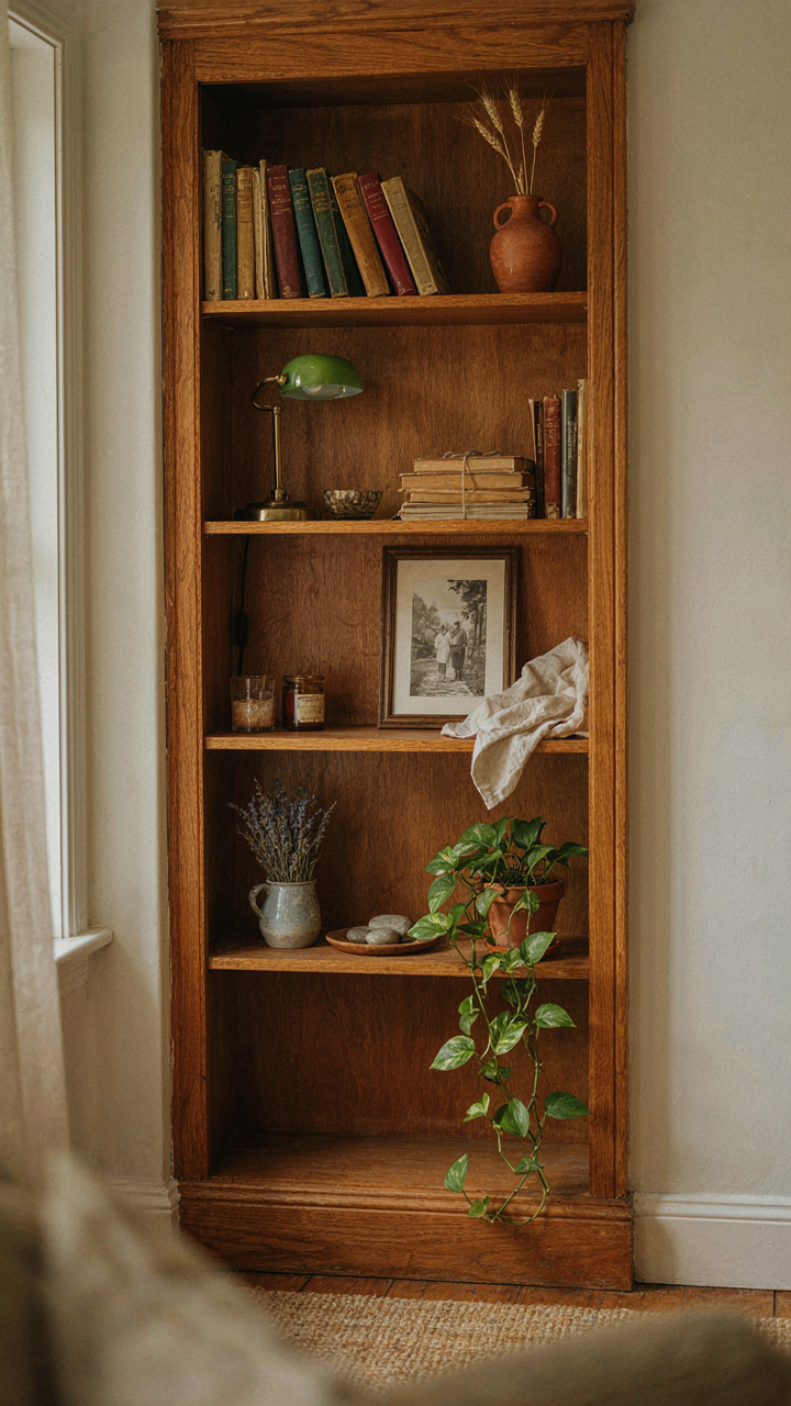 A cottage built-in bookcase with curated objects and vintage paperbacks.