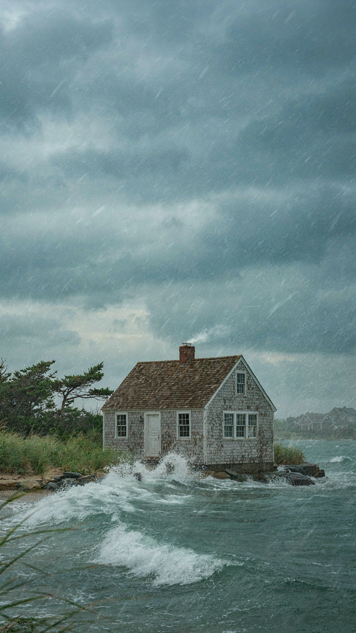 A weathered cape cod cottage with a low profile stands strong during a coastal storm.
