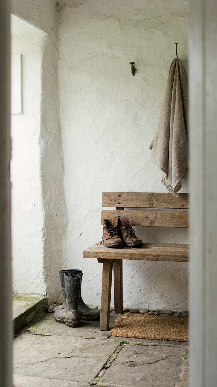 A simple wooden bench beside a sturdy stone floor in a cottage entryway.