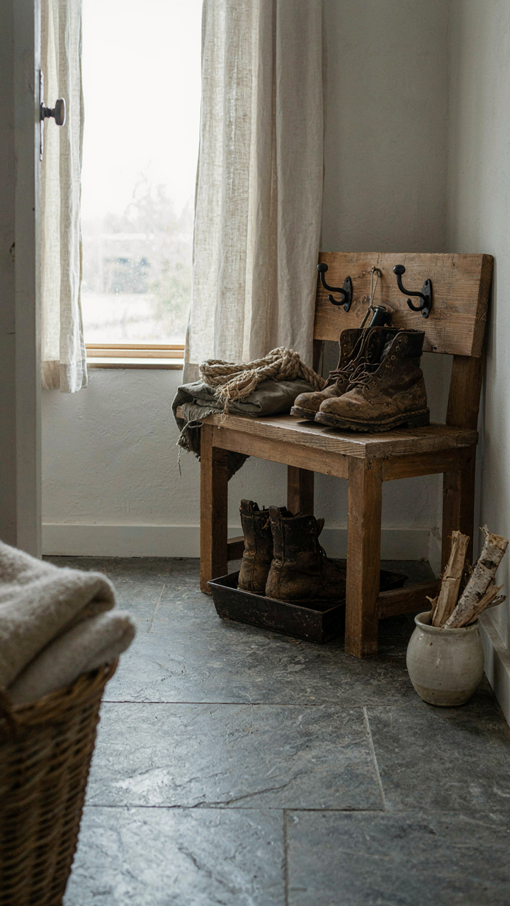 A durable wooden bench, metal hooks, and slate floor in a rustic cottage mudroom.
