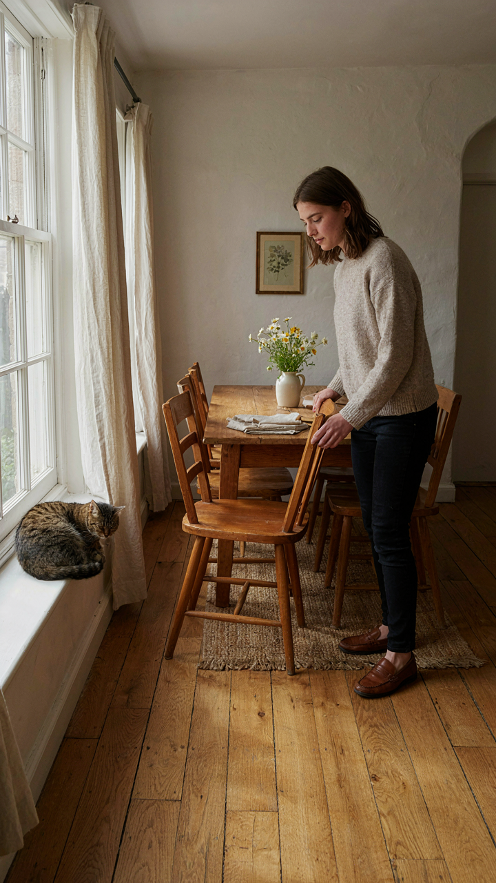 A narrow cottage dining room with an angled table for better movement.