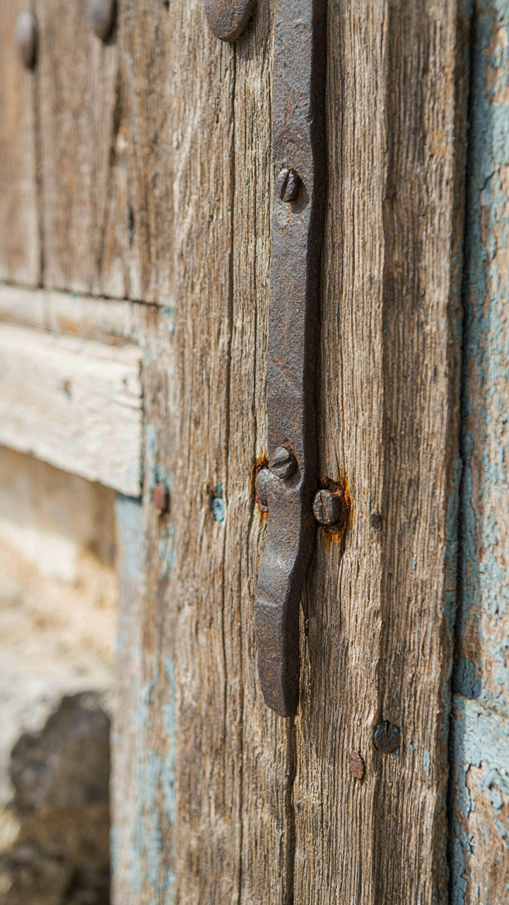 A detailed close-up of a hand-forged iron strap hinge on a weathered wooden door.