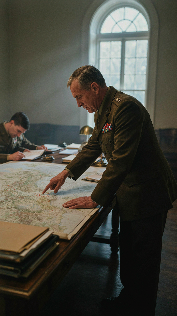 A military general reviewing strategic control points on a map.