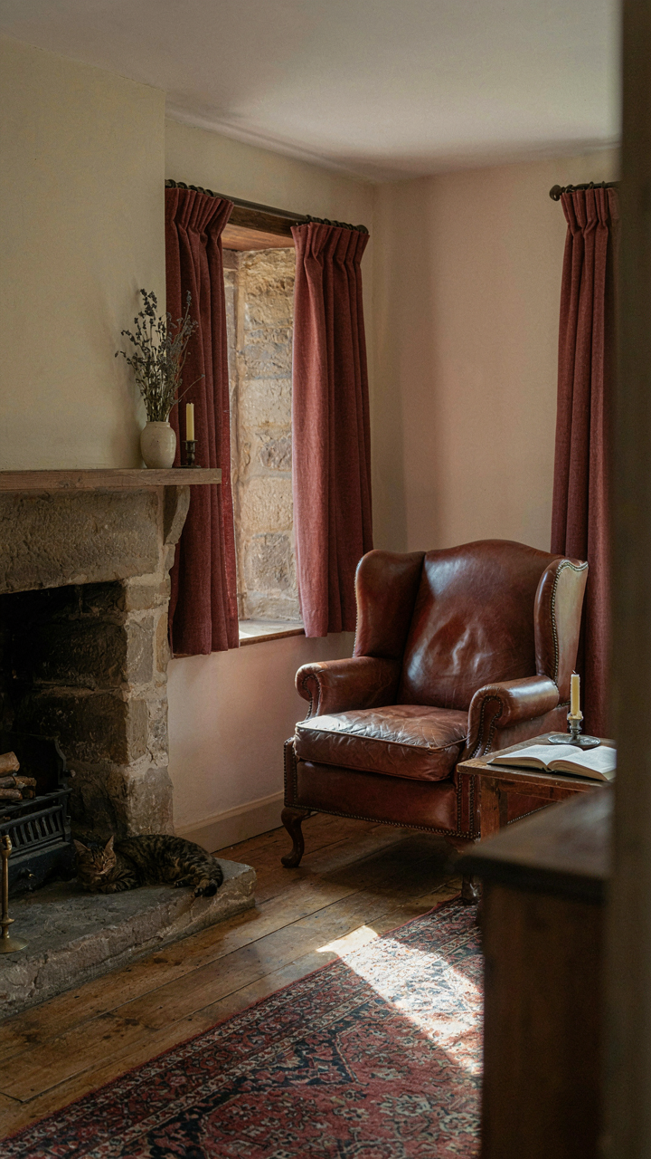 A cozy, small parlor in an English farmhouse with heavy curtains.