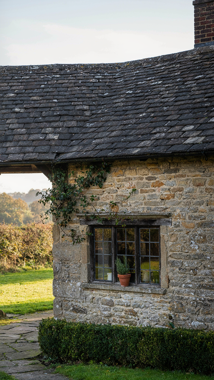 An elegant storybook cottage with stone walls and a single timber window.