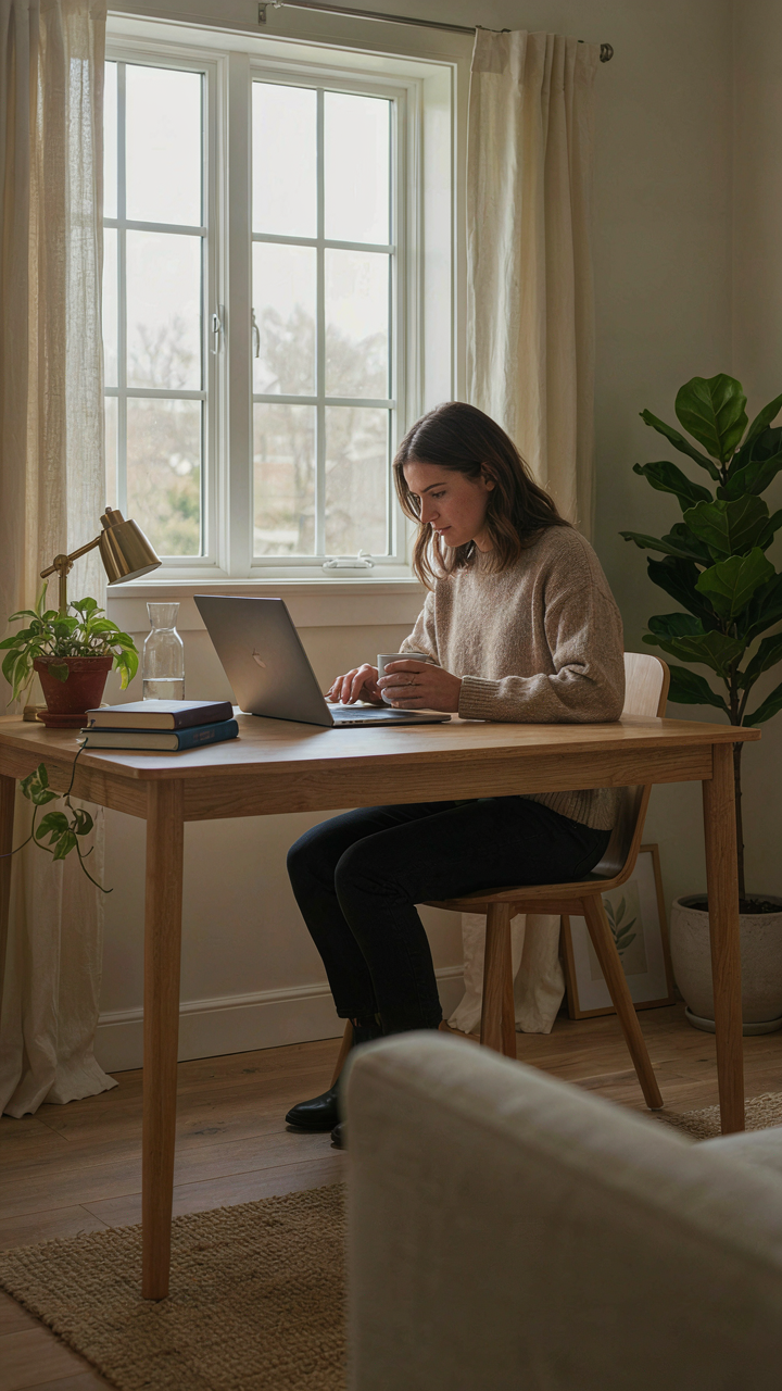 A compact home office in a one story cottage near a bright window.