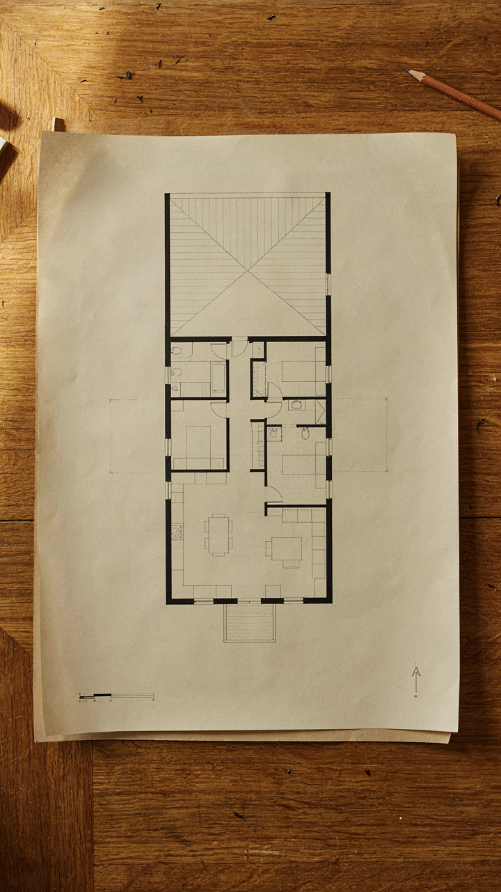 An architectural drawing of a French country cottage plan with vertical living spaces.
