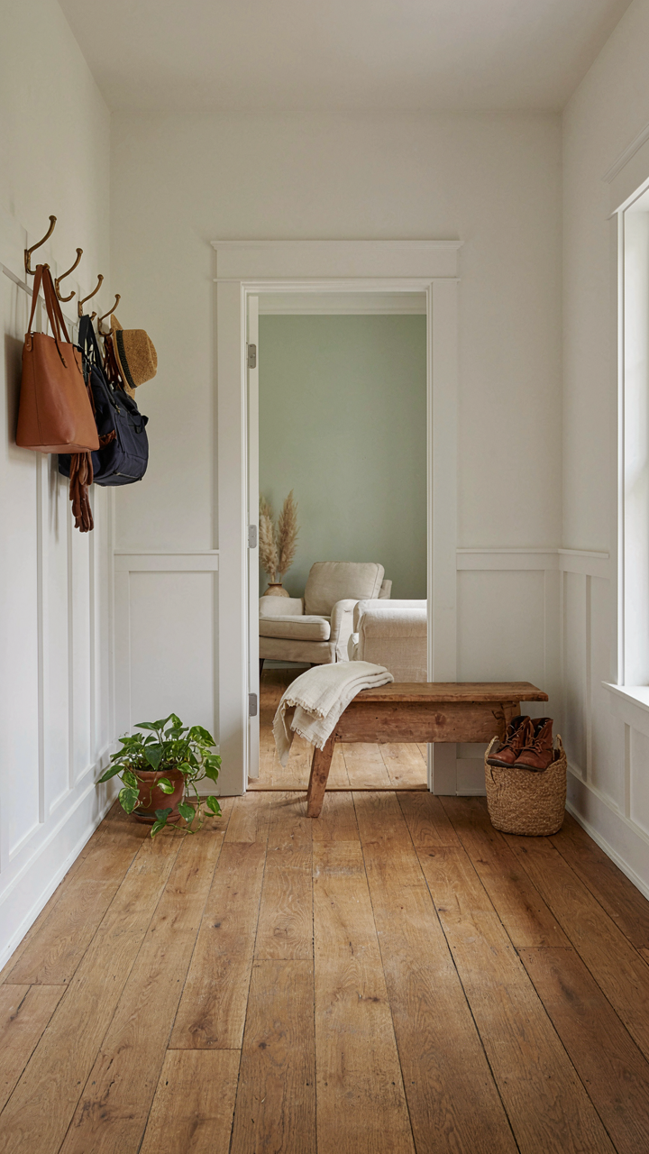 A cottage mudroom with wainscoting and wood hooks matching the home's interior design.