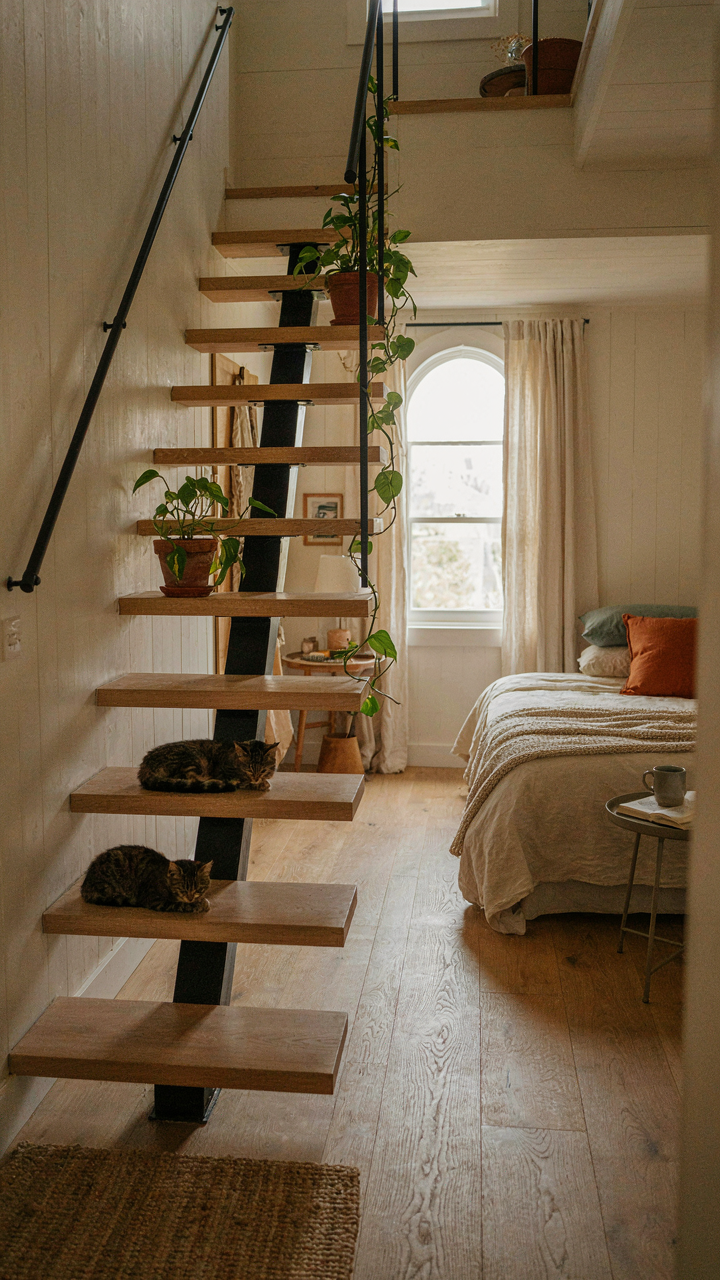 An alternating tread staircase leads to a loft bed in a scandinavian cottage.