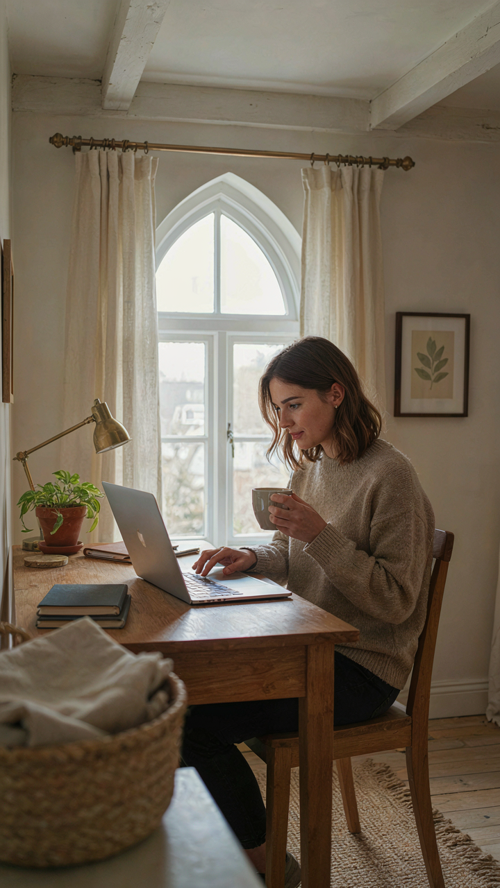 A person works at a compact desk in a bright cottage loft.