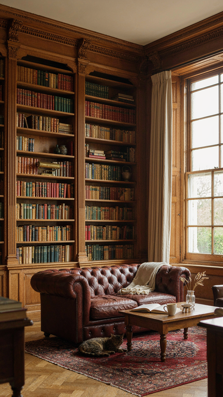 Floor-to-ceiling cottage built-in bookshelves integrated with a window frame.
