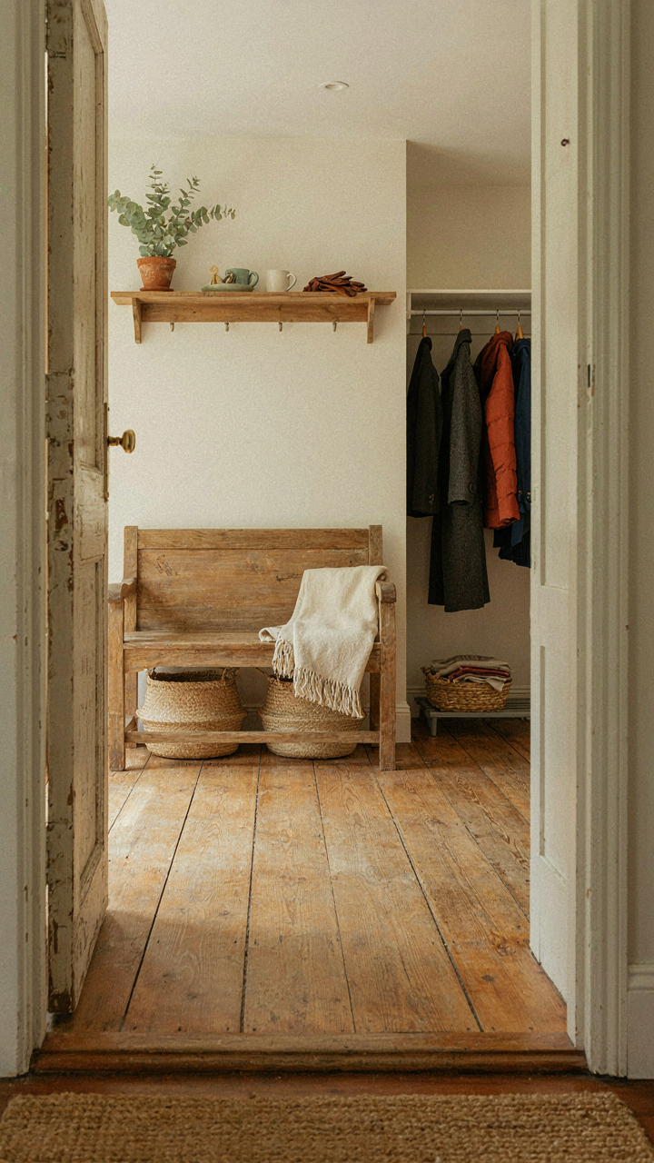 A bench inside a cottage mudroom door with a shelf above it and a closet rod nearby.