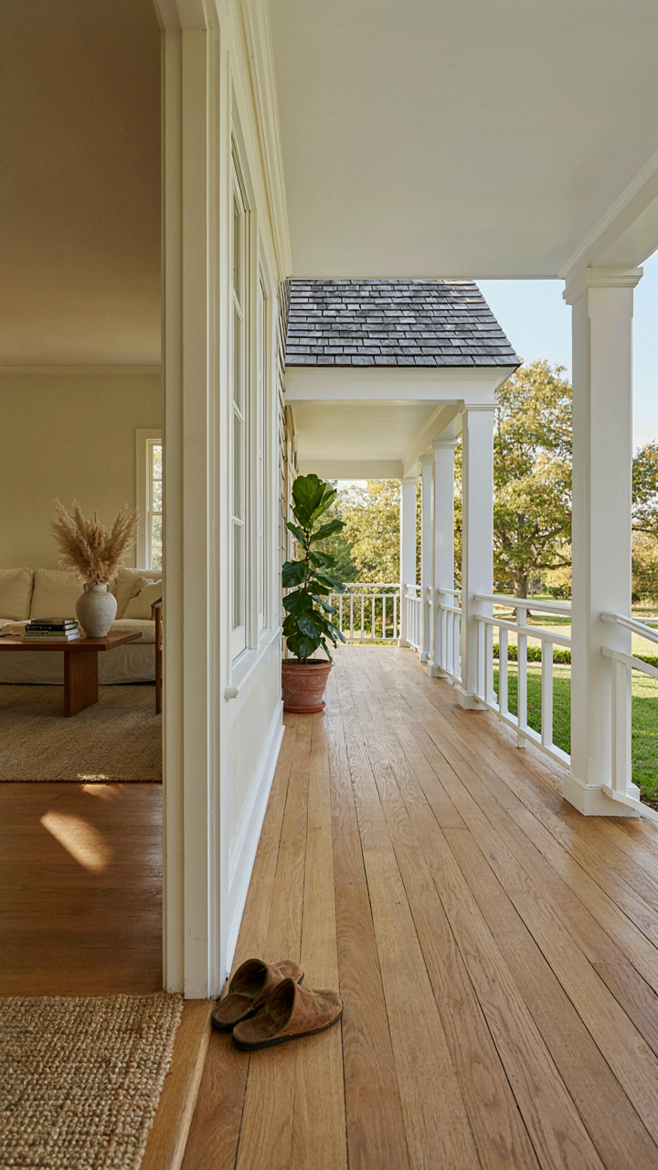 A living room seamlessly extends onto a wraparound porch with matching flooring.