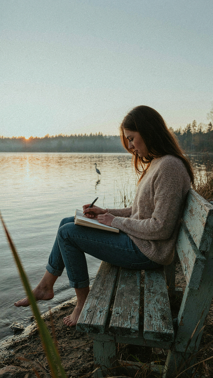 A person sits on a bench by a calm lake at sunrise, writing in a journal.