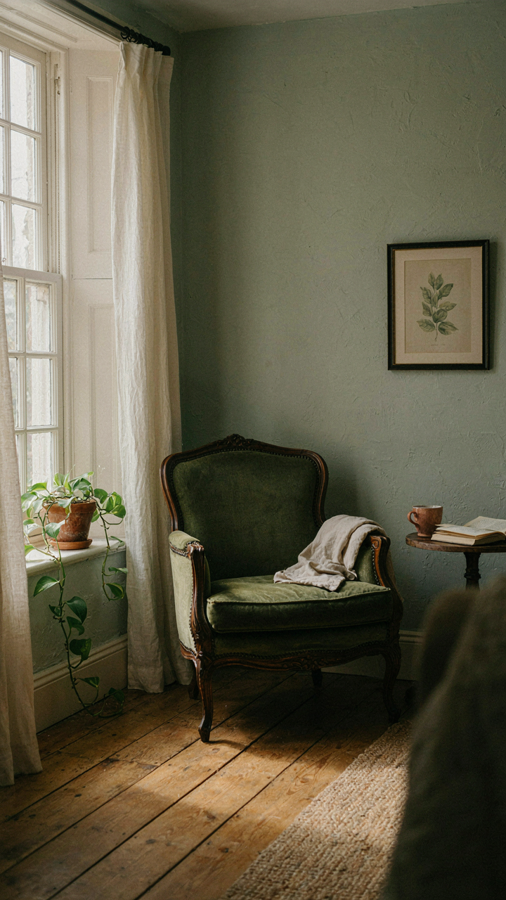 A small cottage room with pale green walls and a dark green armchair as a focal point.