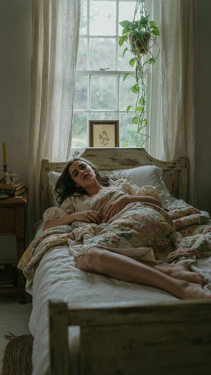A person lies awake in a visually appealing cottage bedroom, unable to sleep.