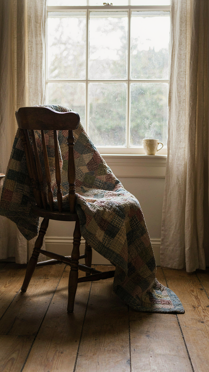 A faded, well-used patchwork quilt draped over an old wooden chair in soft light.