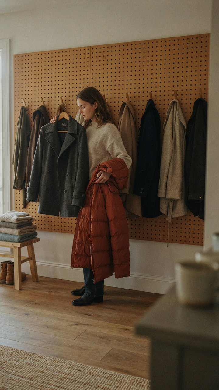 One person in a farmhouse mudroom deciding which winter coat to keep.