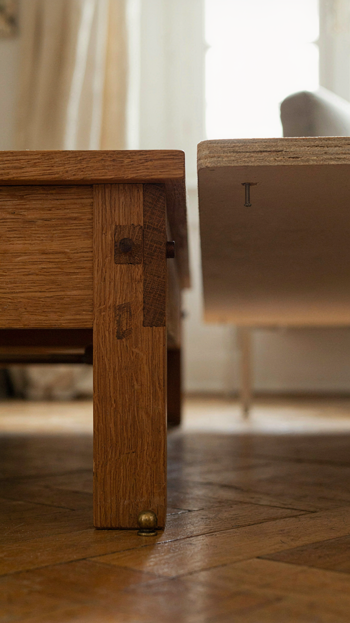Close-up of a French country coffee table's mortise and tenon joinery.