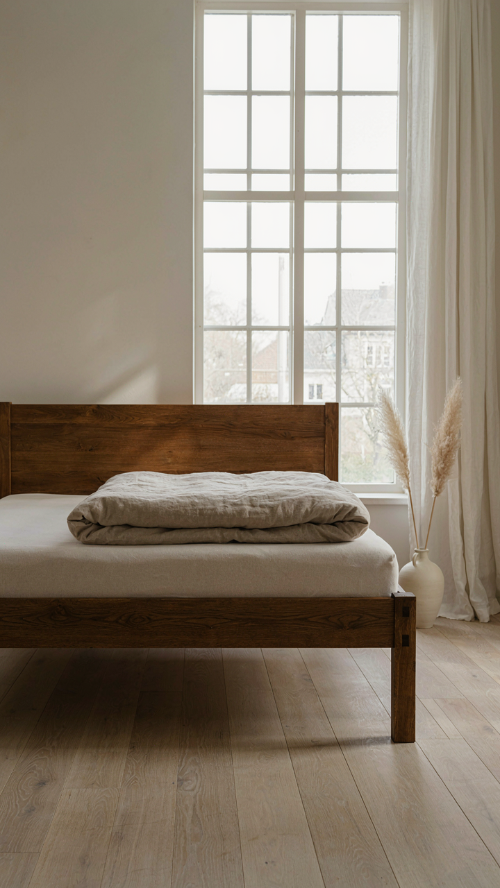 A strong, dark oak bed frame positioned perpendicular to a window.