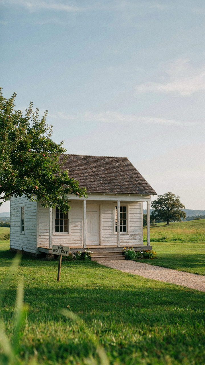A tiny cottage with a porch and a 'for rent' sign in the yard.