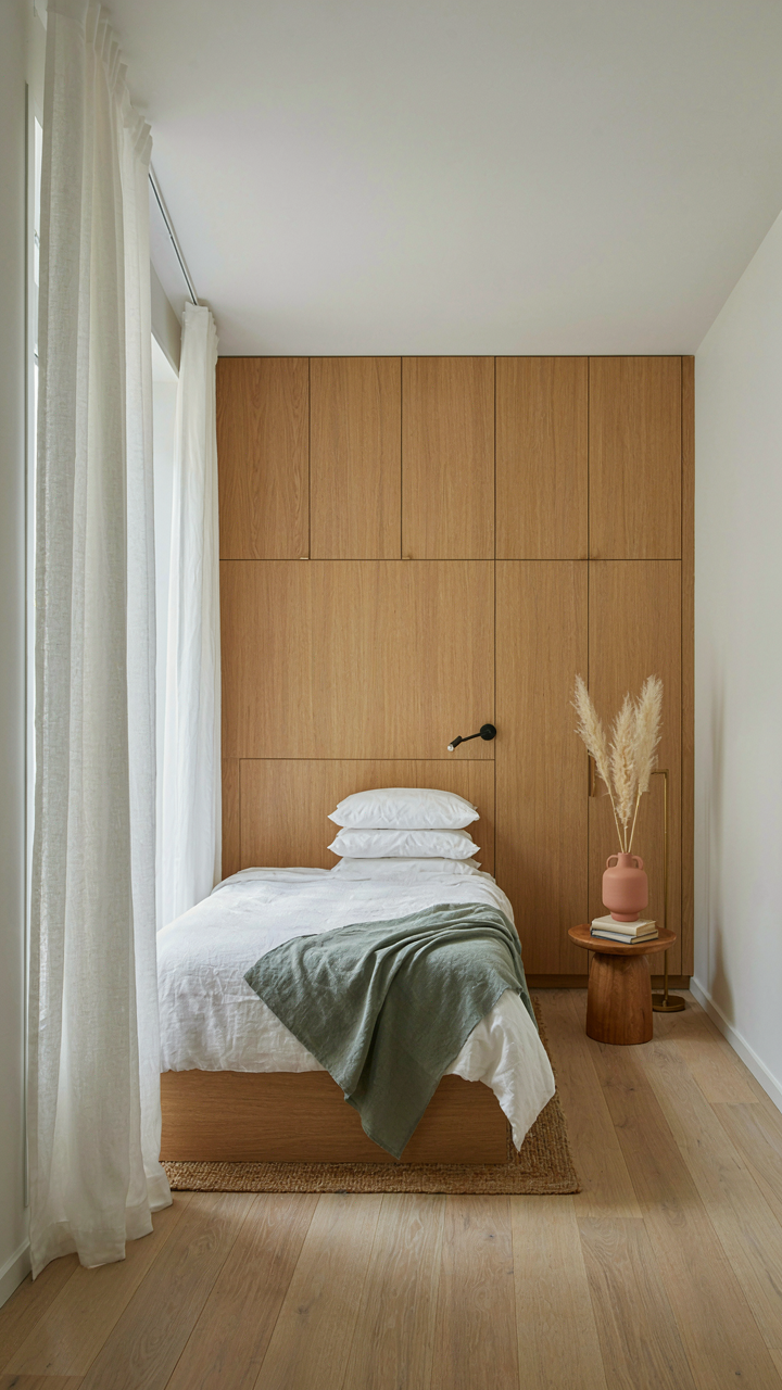 A scandinavian guest house bedroom featuring floor-to-ceiling light wood storage cabinets.