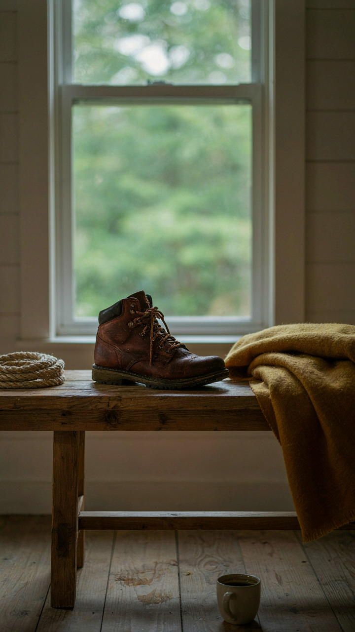 A wet boot sits on a wooden bench, indicating a functional cabin entryway.